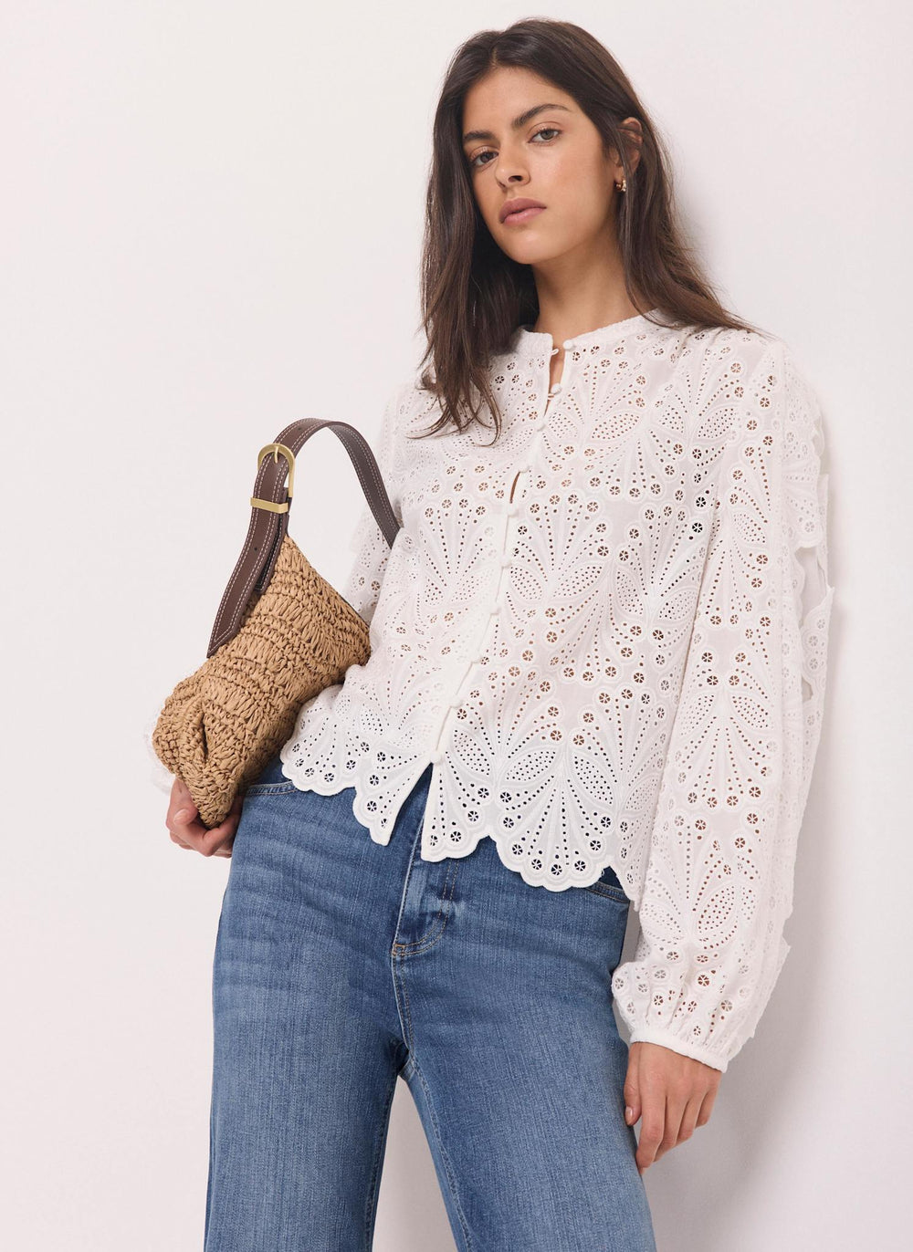 White Cotton Broderie Detail Blouse