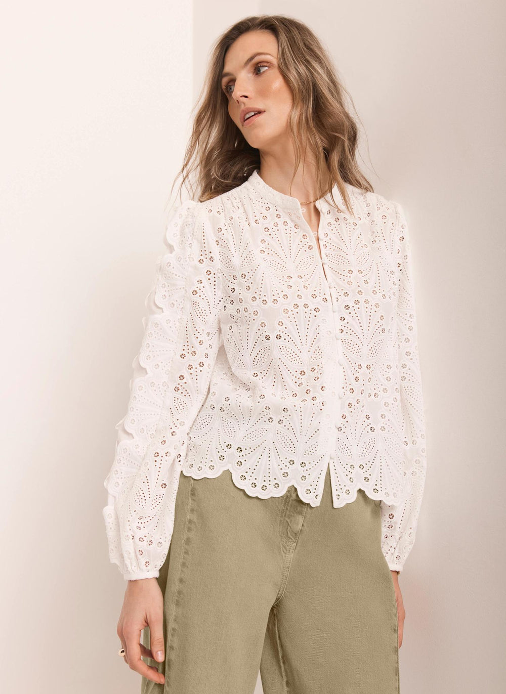 White Cotton Broderie Detail Blouse