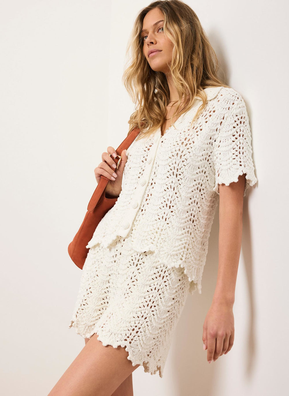 Cream Embellished Crochet Shorts