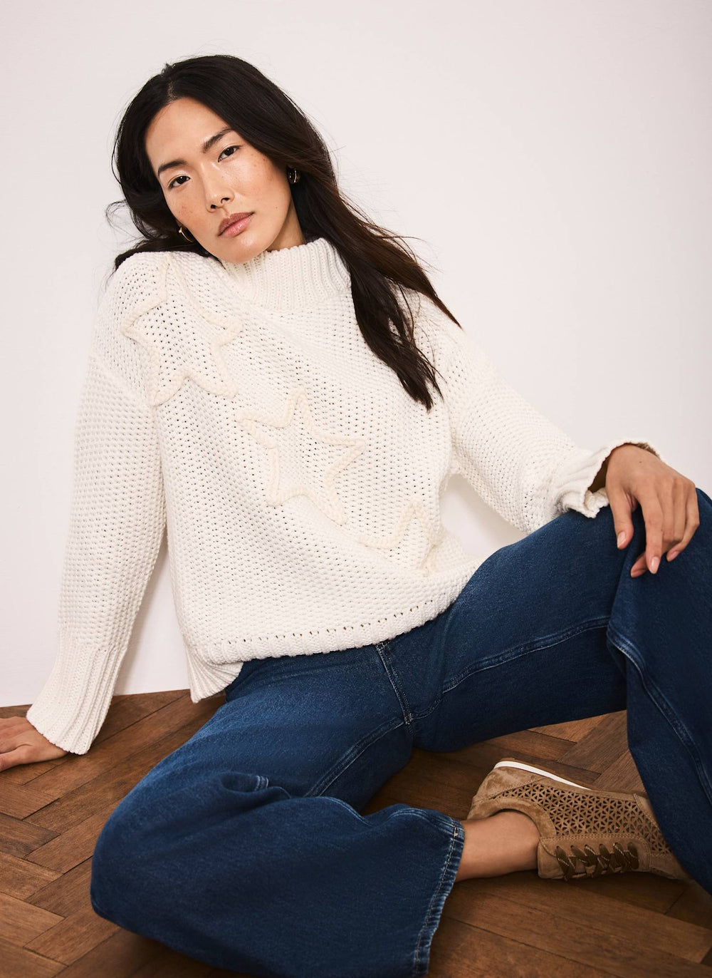 White Cotton Blend Star Detail Jumper