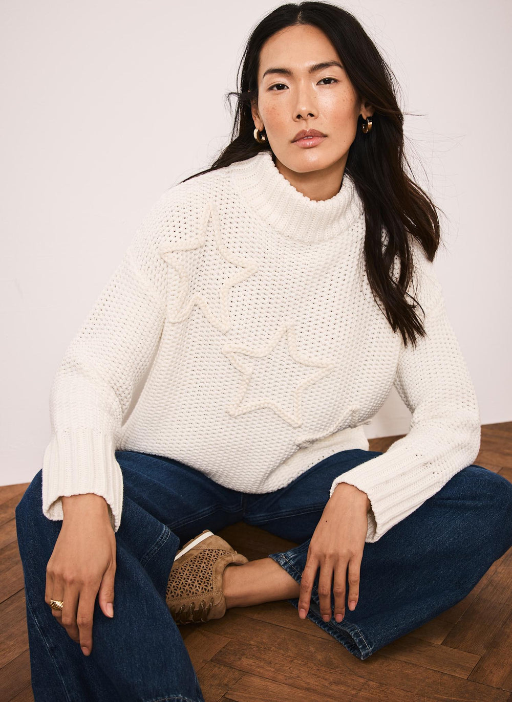 White Cotton Blend Star Detail Jumper