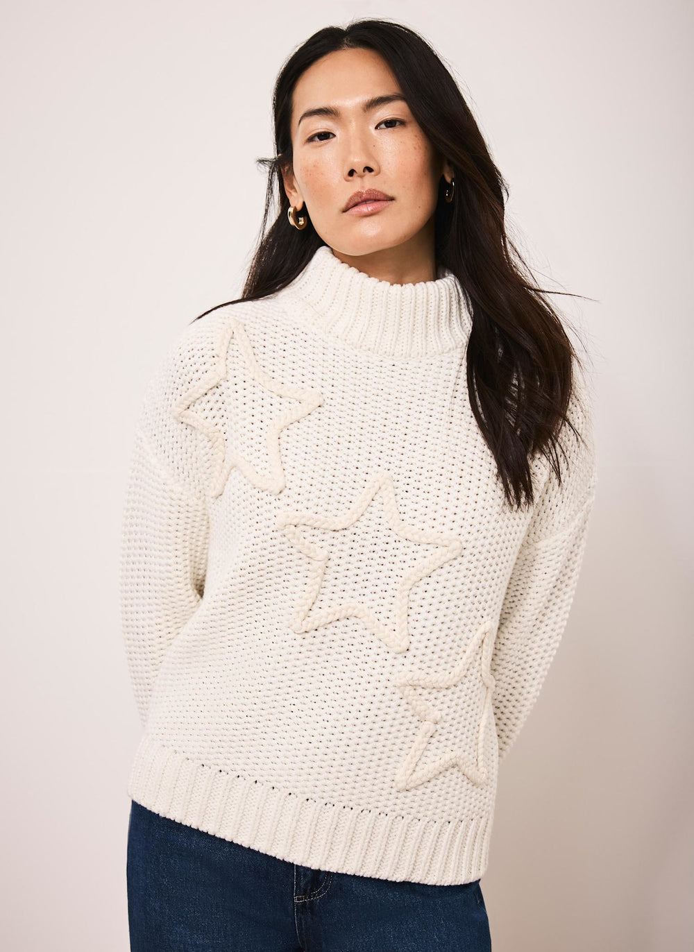 White Cotton Blend Star Detail Jumper