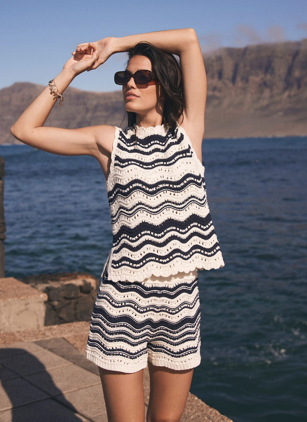 White Striped Knit Cotton Shorts