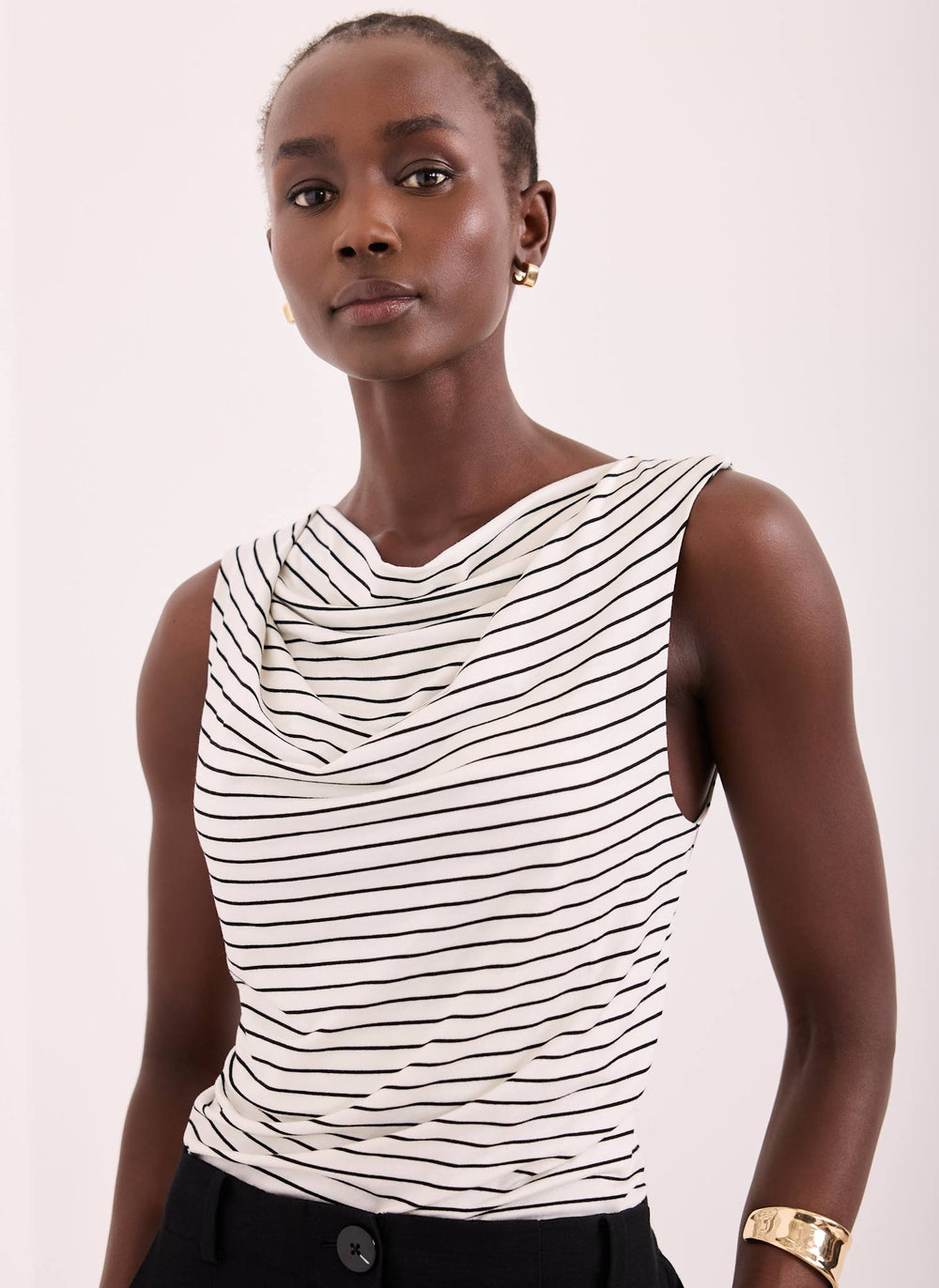 White & Black Stripe Cowl Neck Top