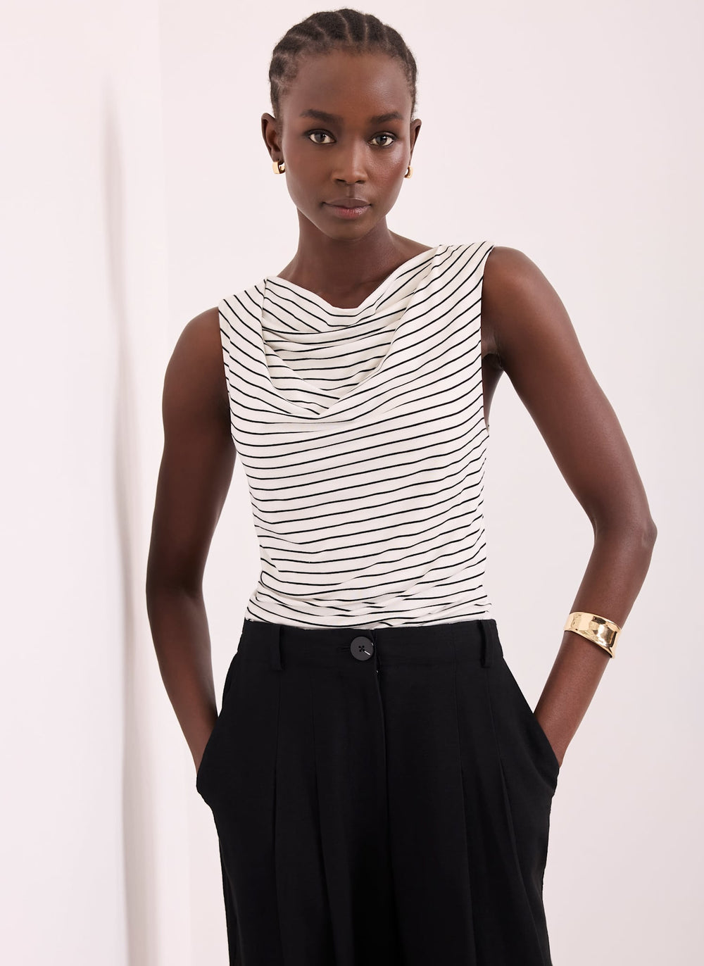 White & Black Stripe Cowl Neck Top