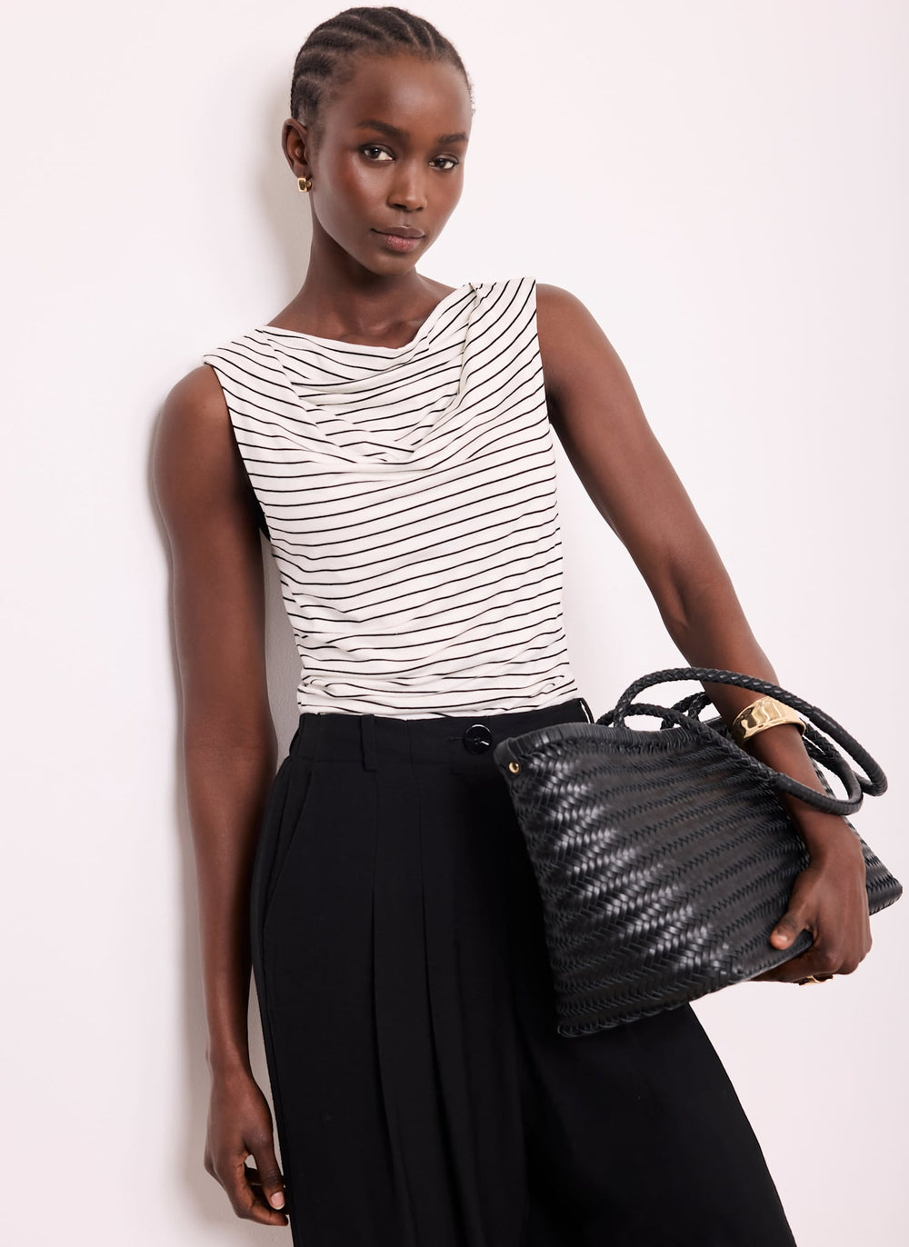 White & Black Stripe Cowl Neck Top