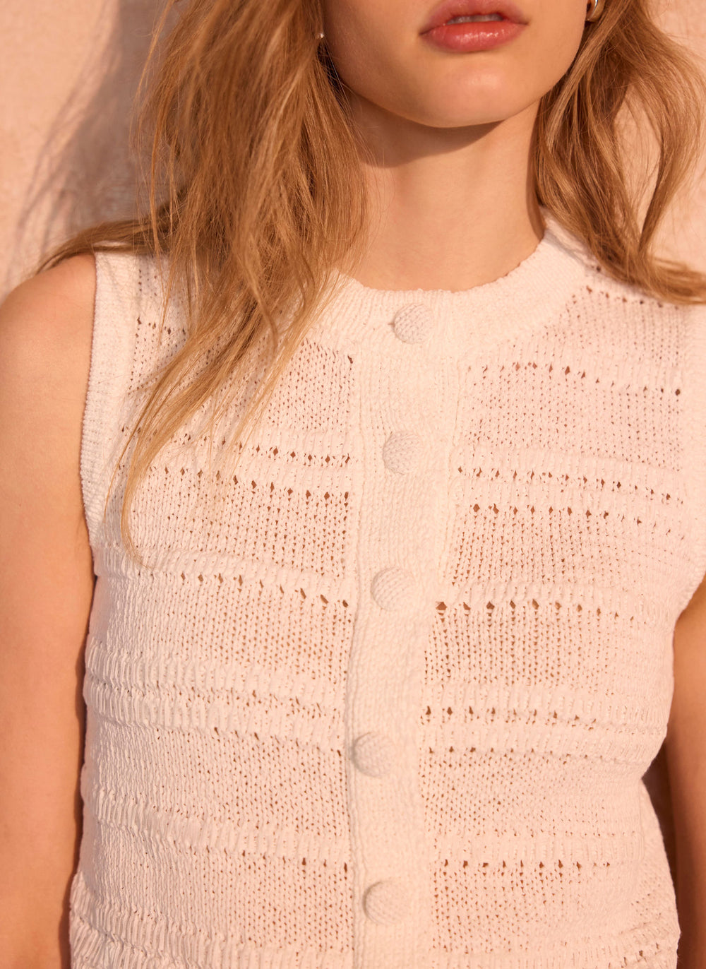 White Cotton Blend Button Detail Knit Top