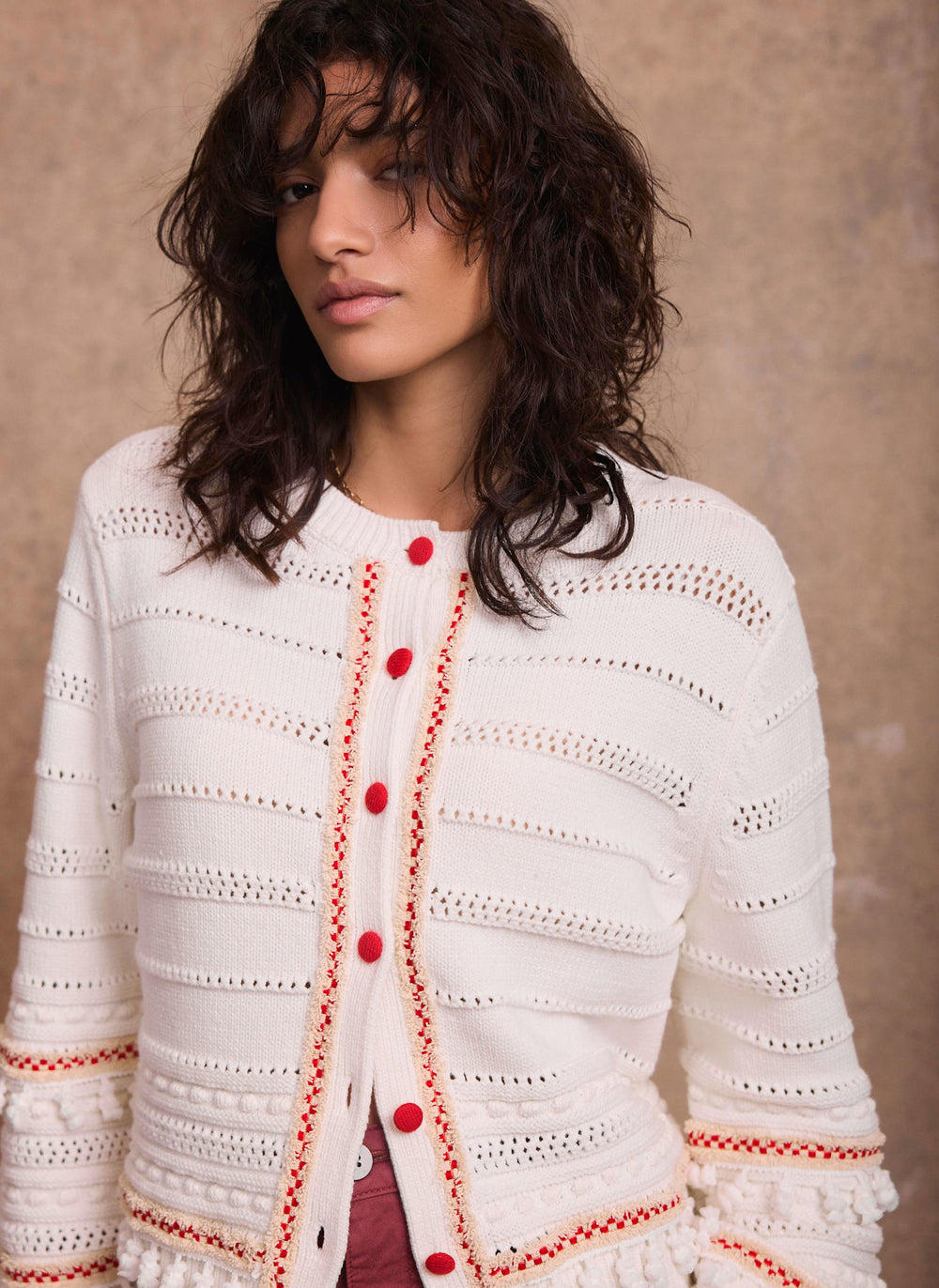 Cream Cotton Blend Tassel Cardigan
