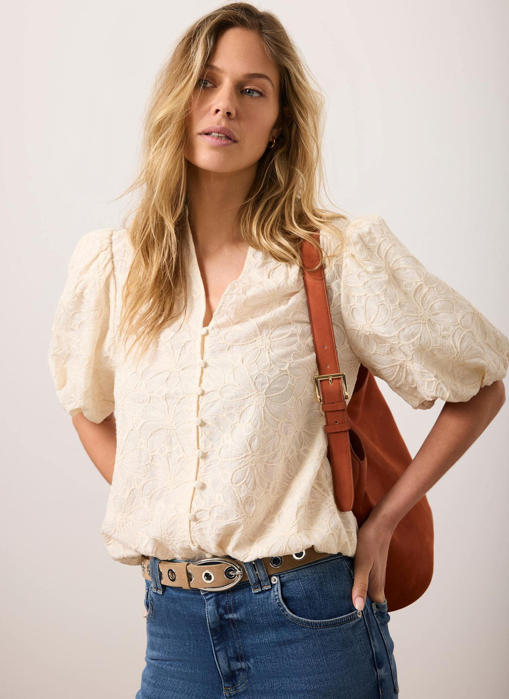 Cream Cotton Textured Floral Top