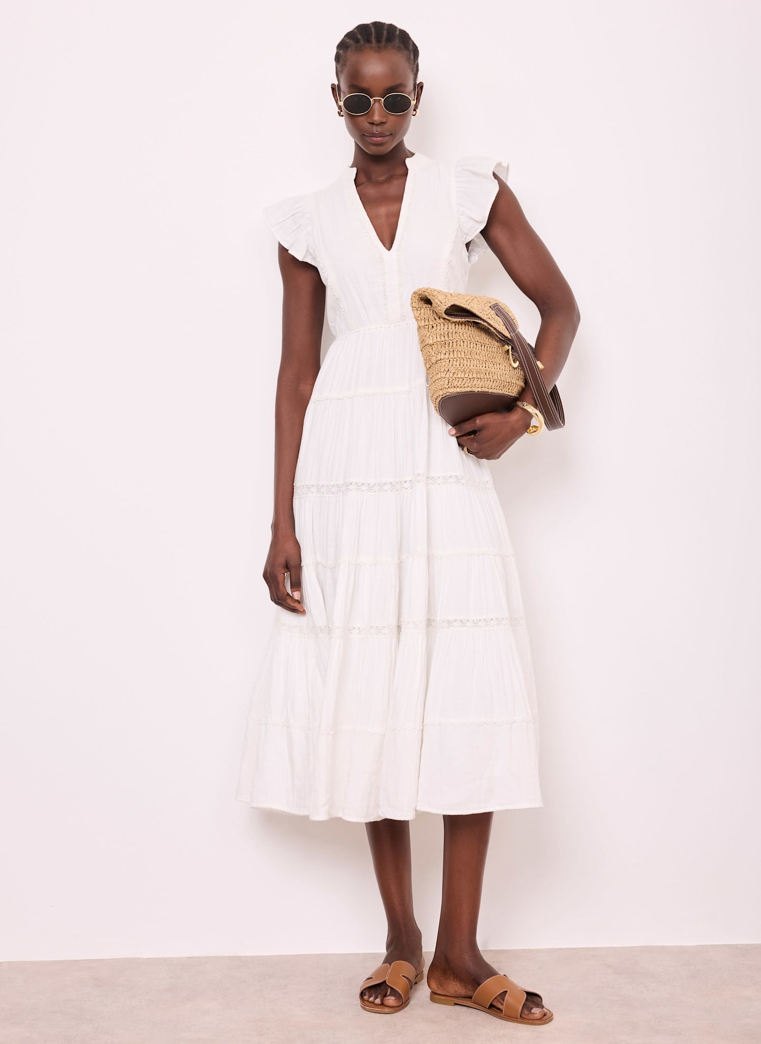 White Cotton Cheesecloth Tiered Midi Dress – Mint Velvet