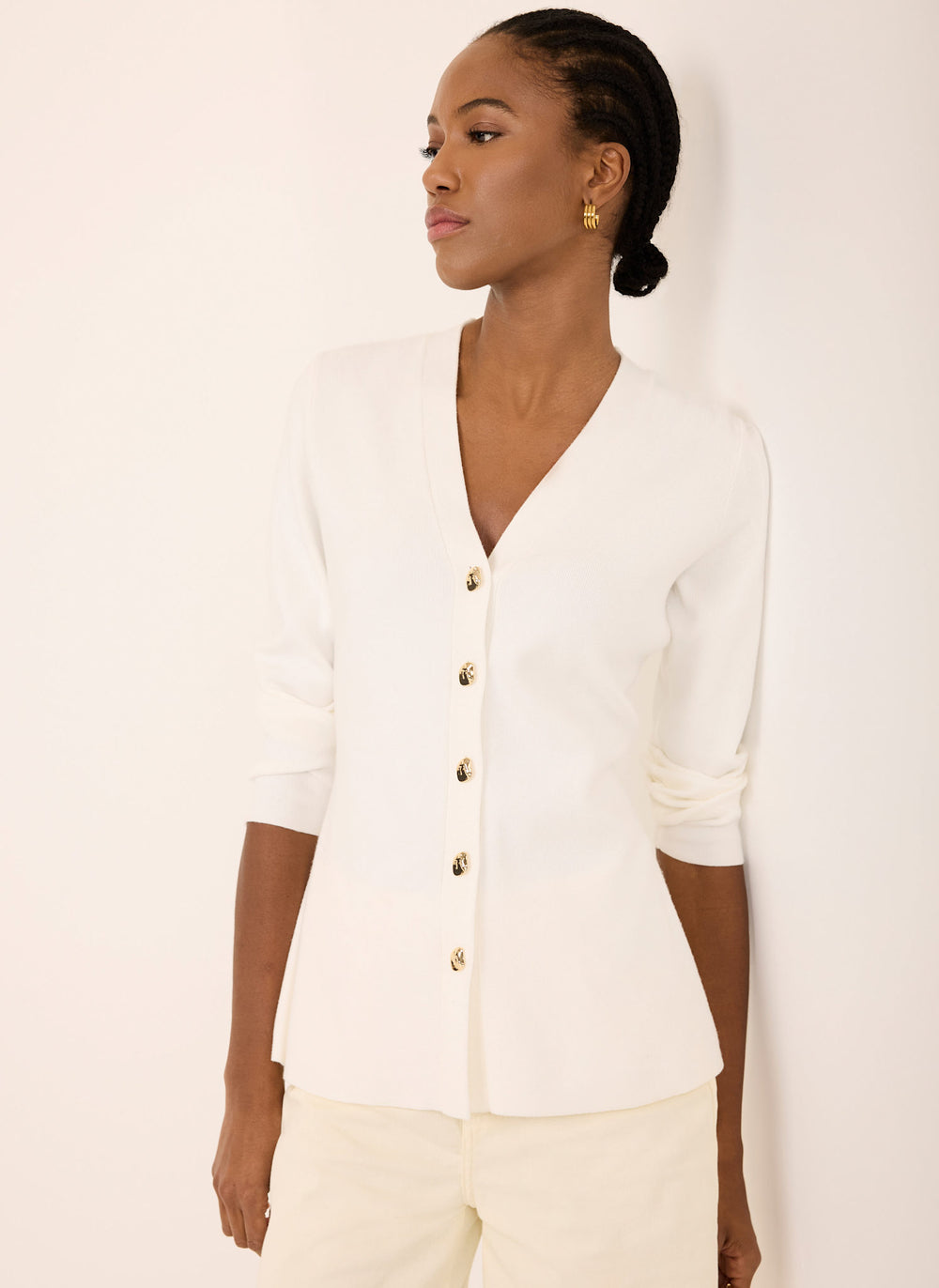 Cream V Neck Longline Cardigan