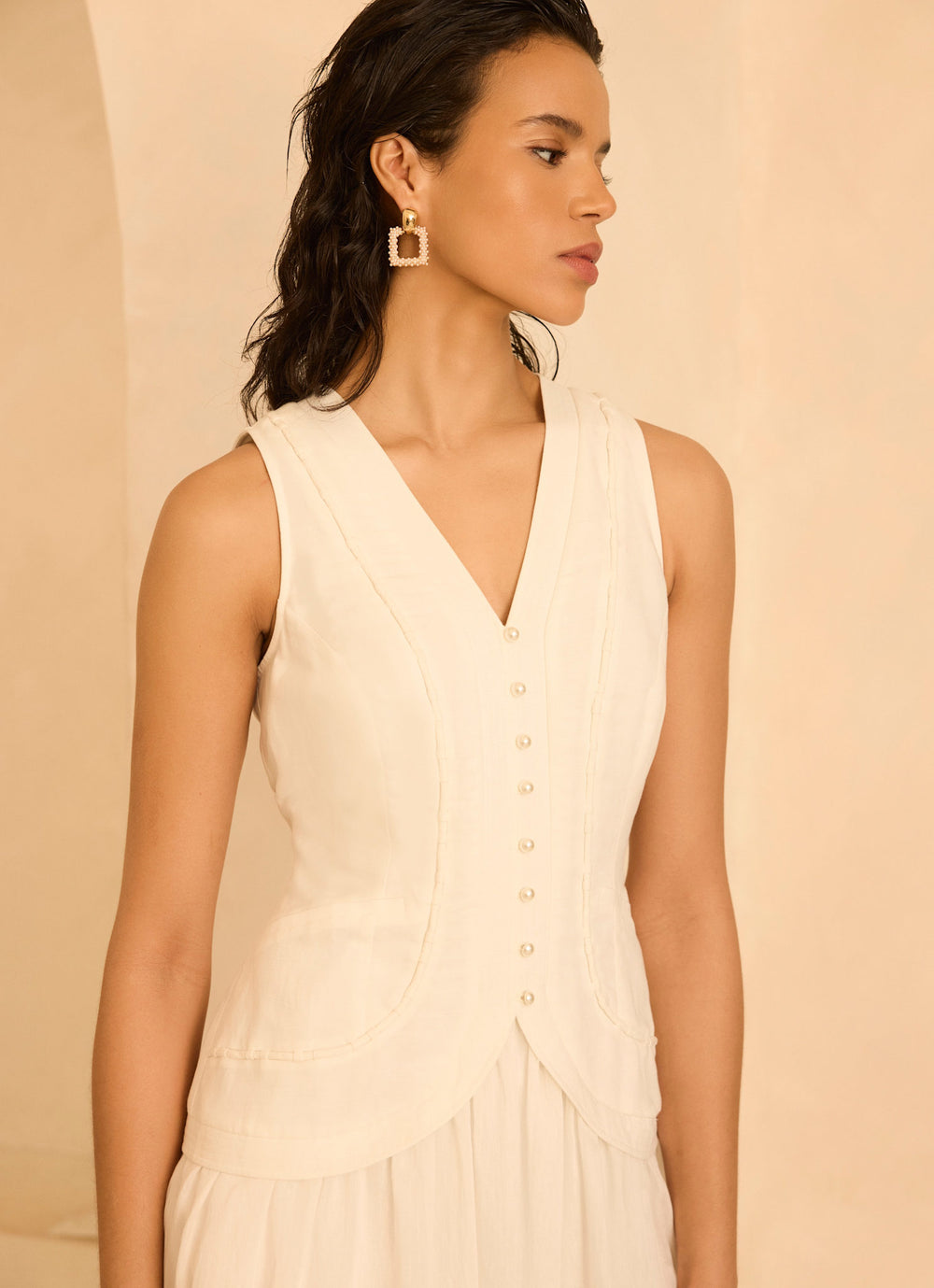 white linen sleeveless dress Mint Velvet White Beige Blend Waistcoat Maxi Dress | Size 14 | White | Sleeveless