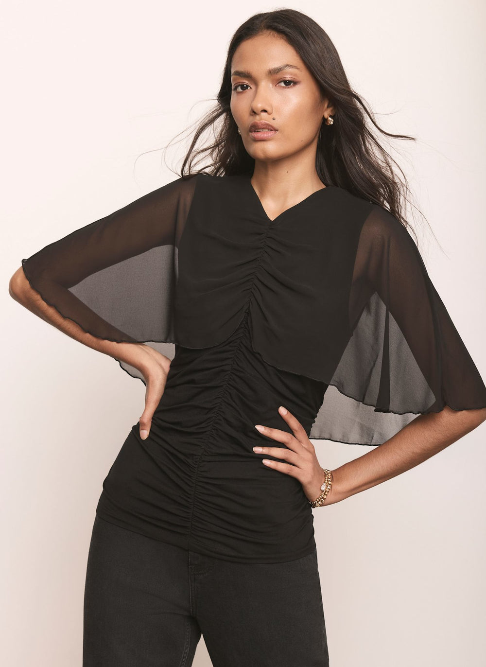Black Woven Cape Top