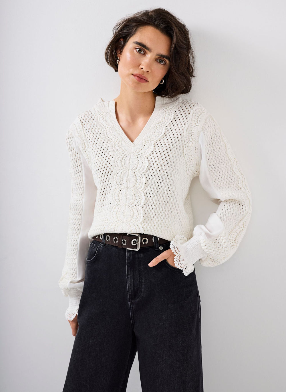 White Cotton Blend Crochet Detail Jumper