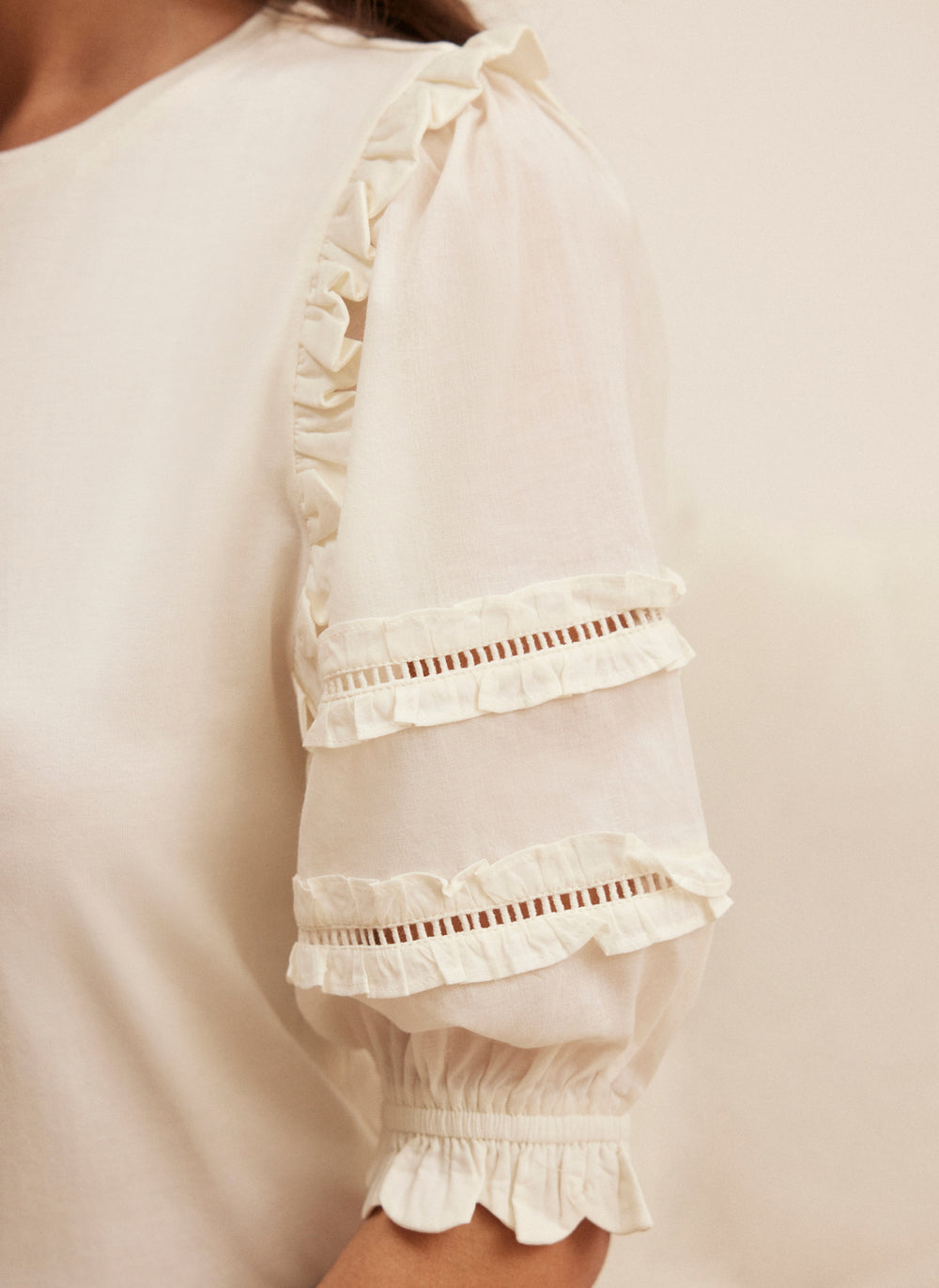 White Woven Sleeve T-Shirt