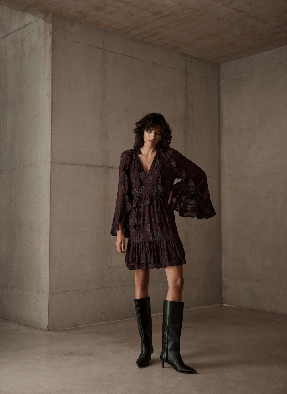 Burgundy Jacquard Ruffle Mini Dress