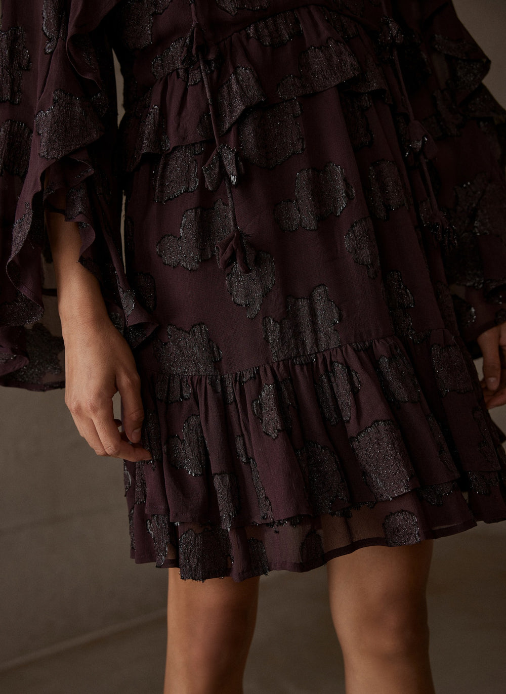 Burgundy Jacquard Ruffle Mini Dress