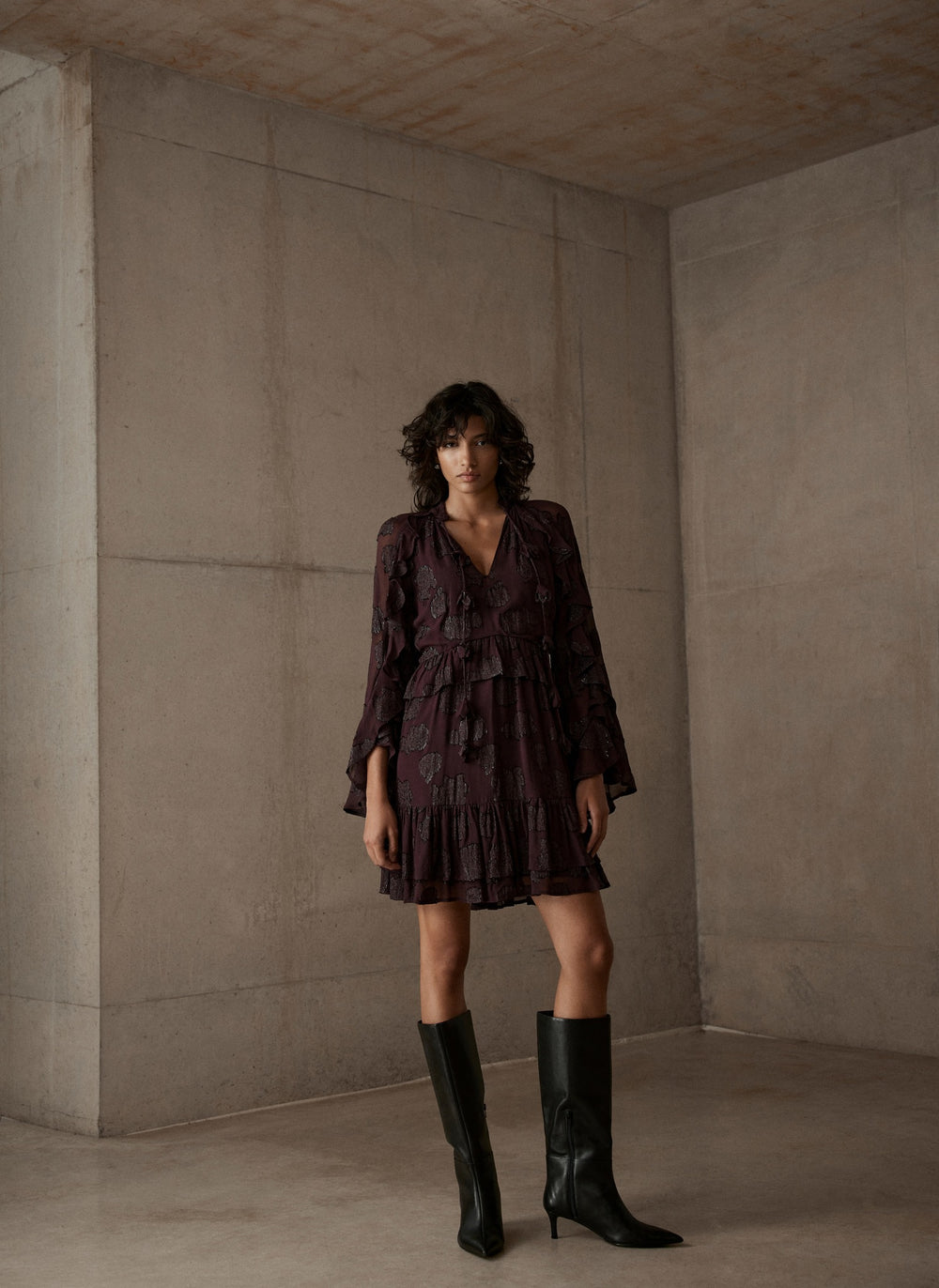 Burgundy Jacquard Ruffle Mini Dress