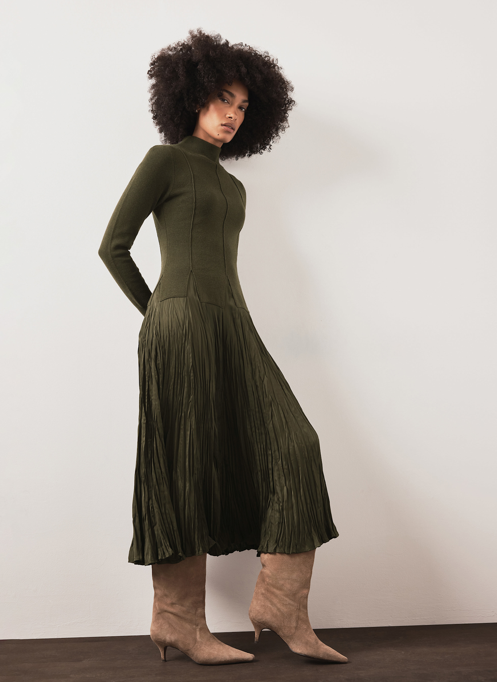 Khaki Layered Drop Waist Knit Crinkle Midi Dress