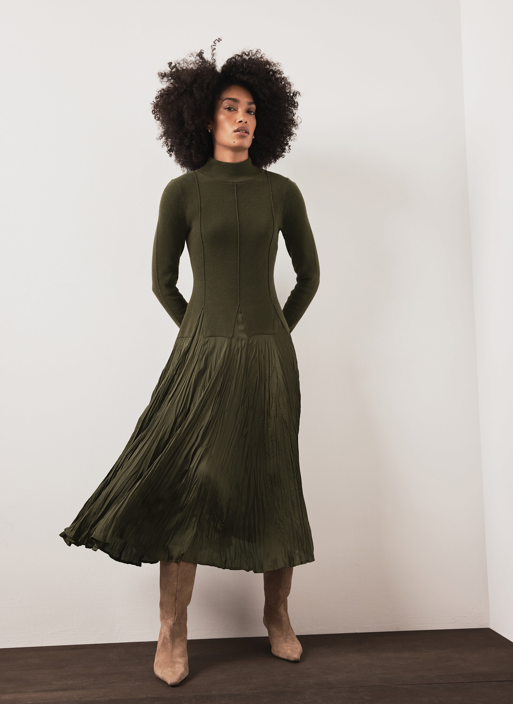 Khaki Layered Drop Waist Knit Crinkle Midi Dress
