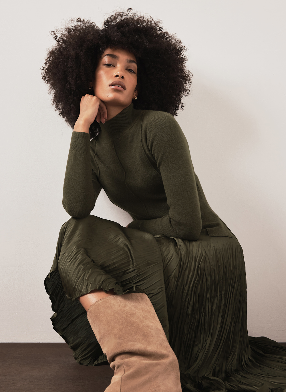 Khaki Layered Drop Waist Knit Crinkle Midi Dress