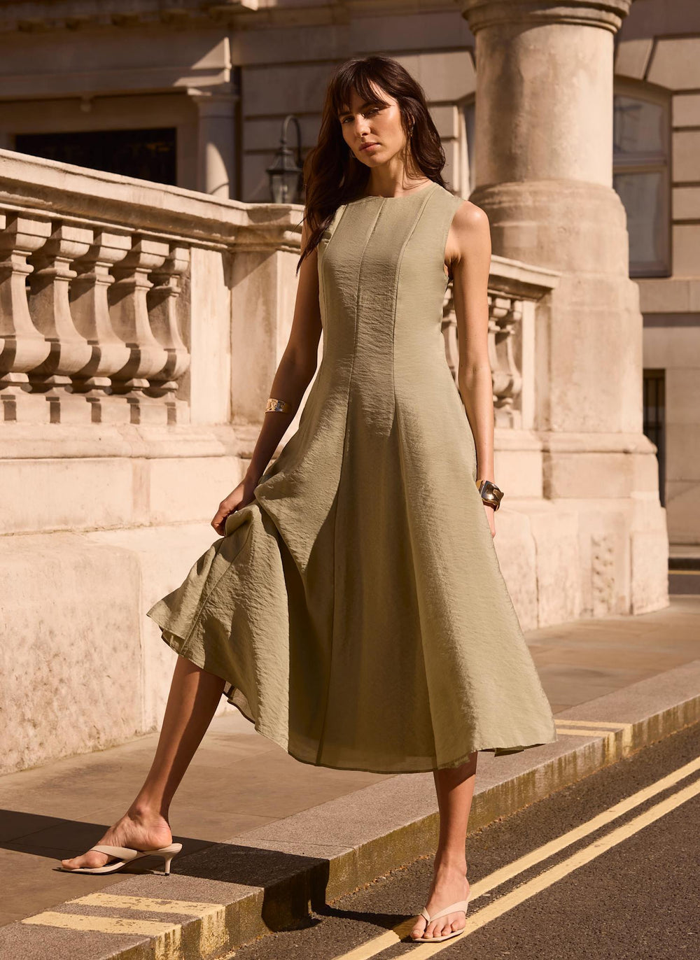 Mint Velvet Khaki Sleeveless Midi Dress | Size 8 | Green | Sleeveless