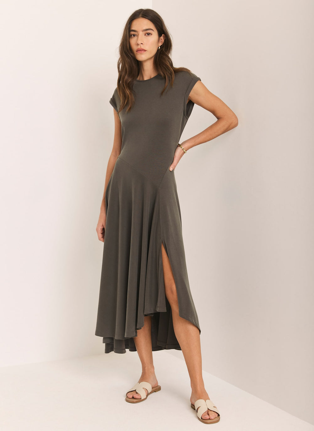 Khaki Jersey Asymmetric Midi Dress