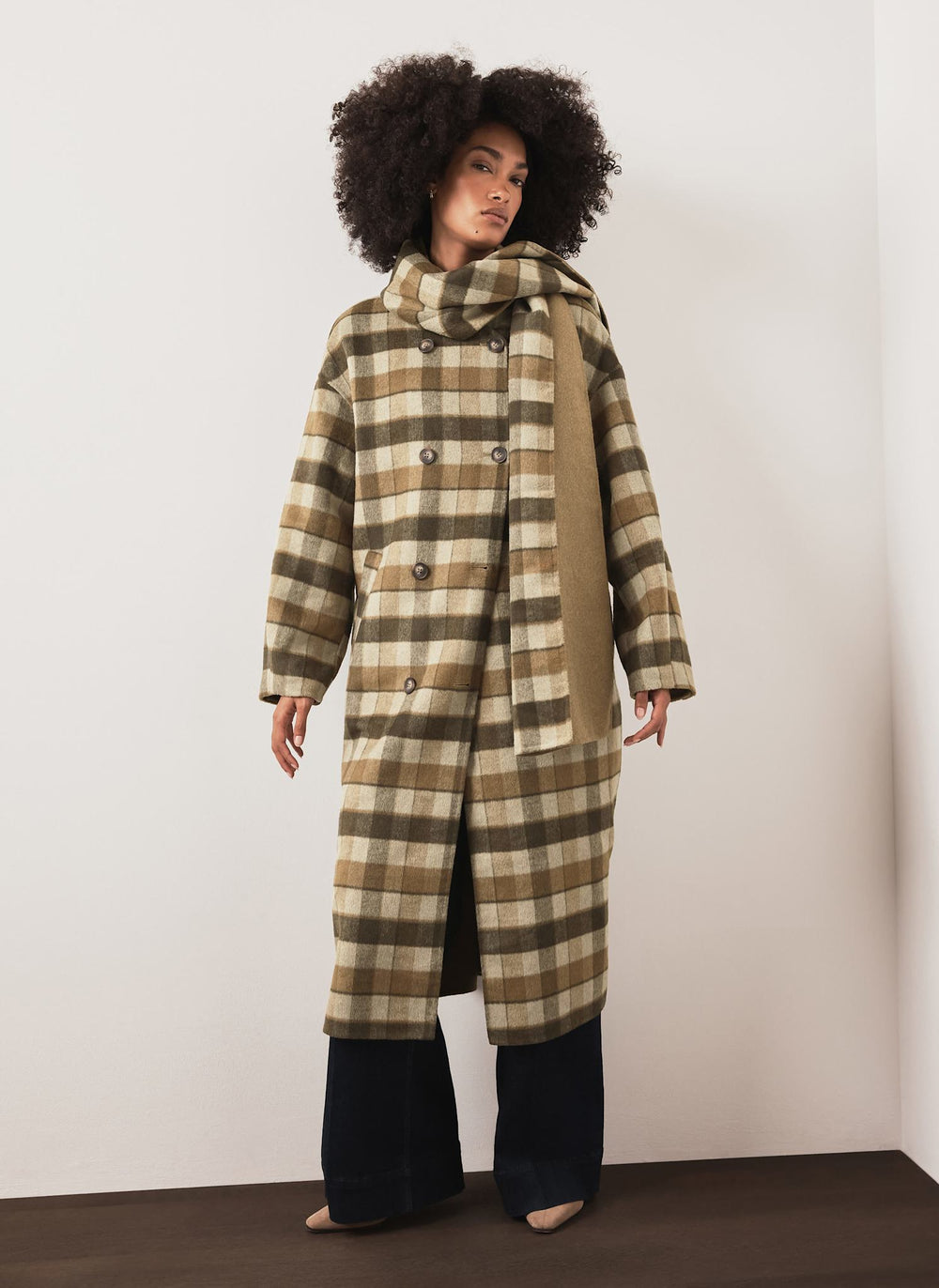 Khaki Check Scarf Detail Hand Finished Coat