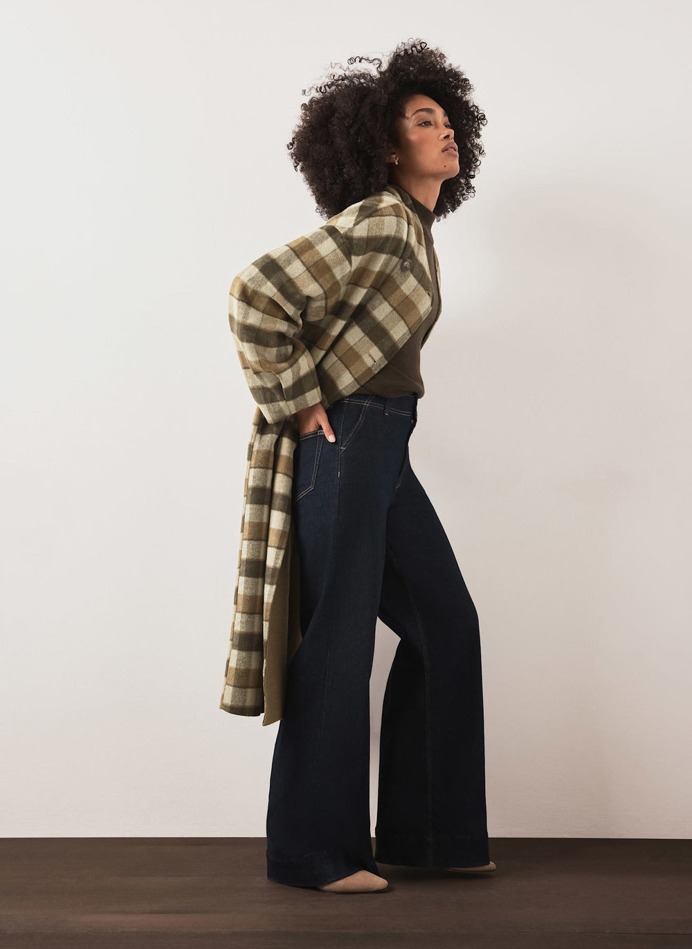 Khaki Check Scarf Detail Hand Finished Coat
