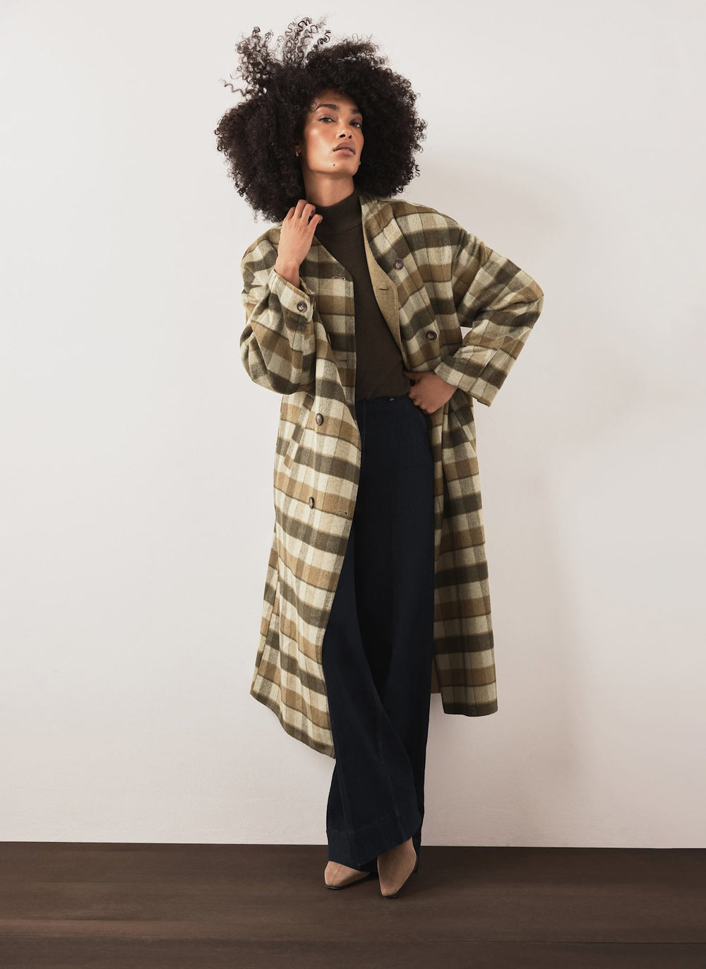 Khaki Check Scarf Detail Hand Finished Coat