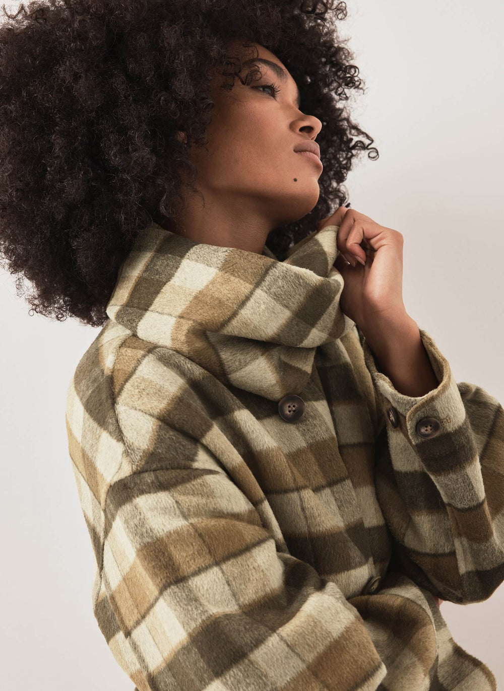 Khaki Check Scarf Detail Hand Finished Coat