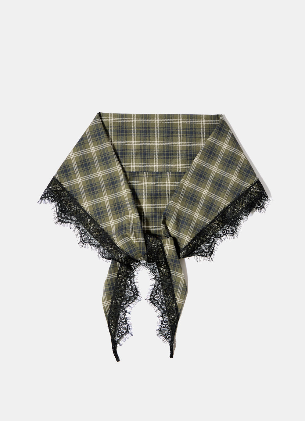 Khaki Checked Print Lace Hem Waist Scarf