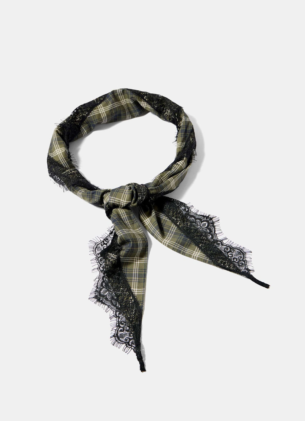 Khaki Checked Print Lace Hem Waist Scarf