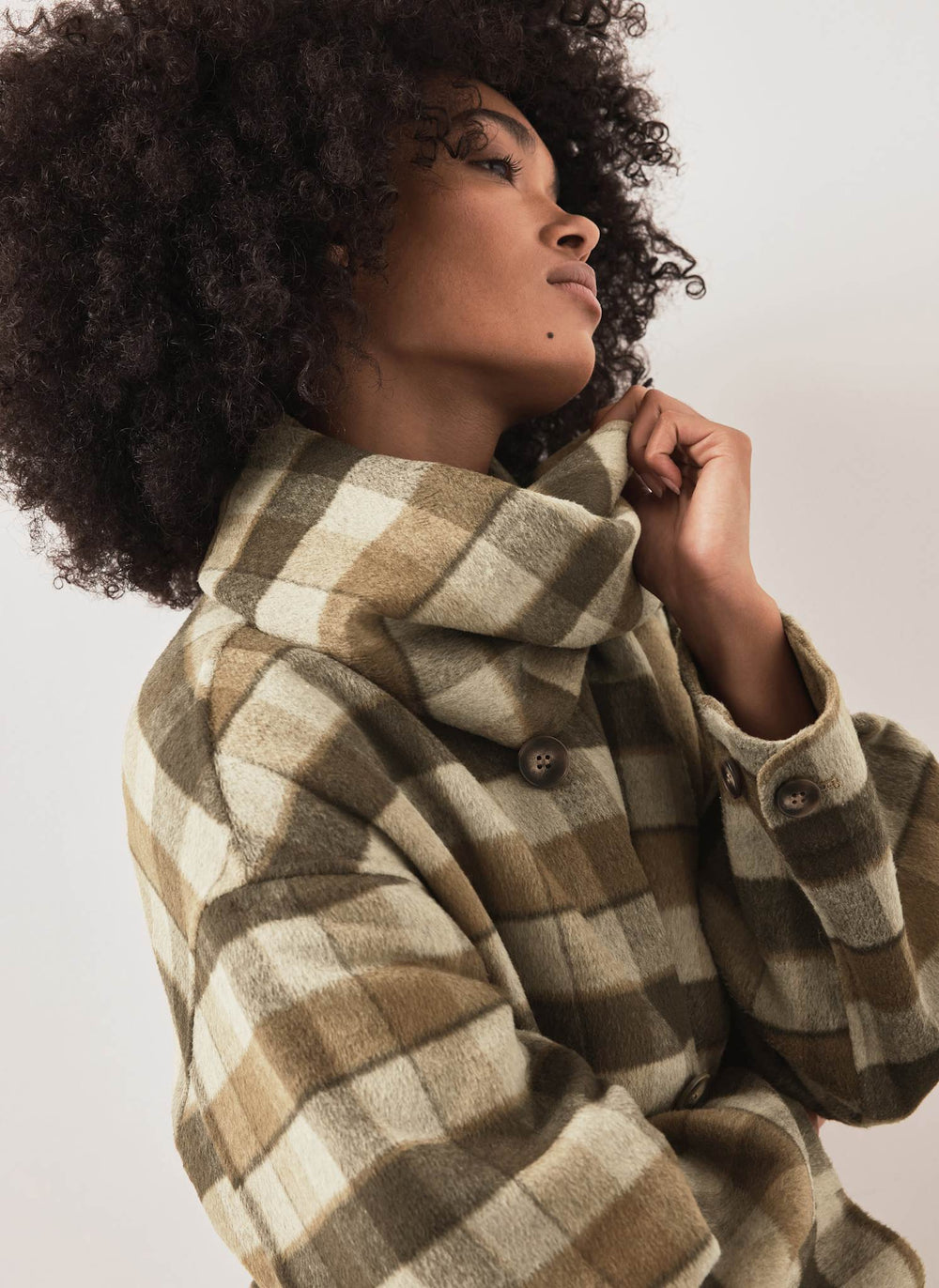 Khaki Check Scarf Detail Hand Finished Coat
