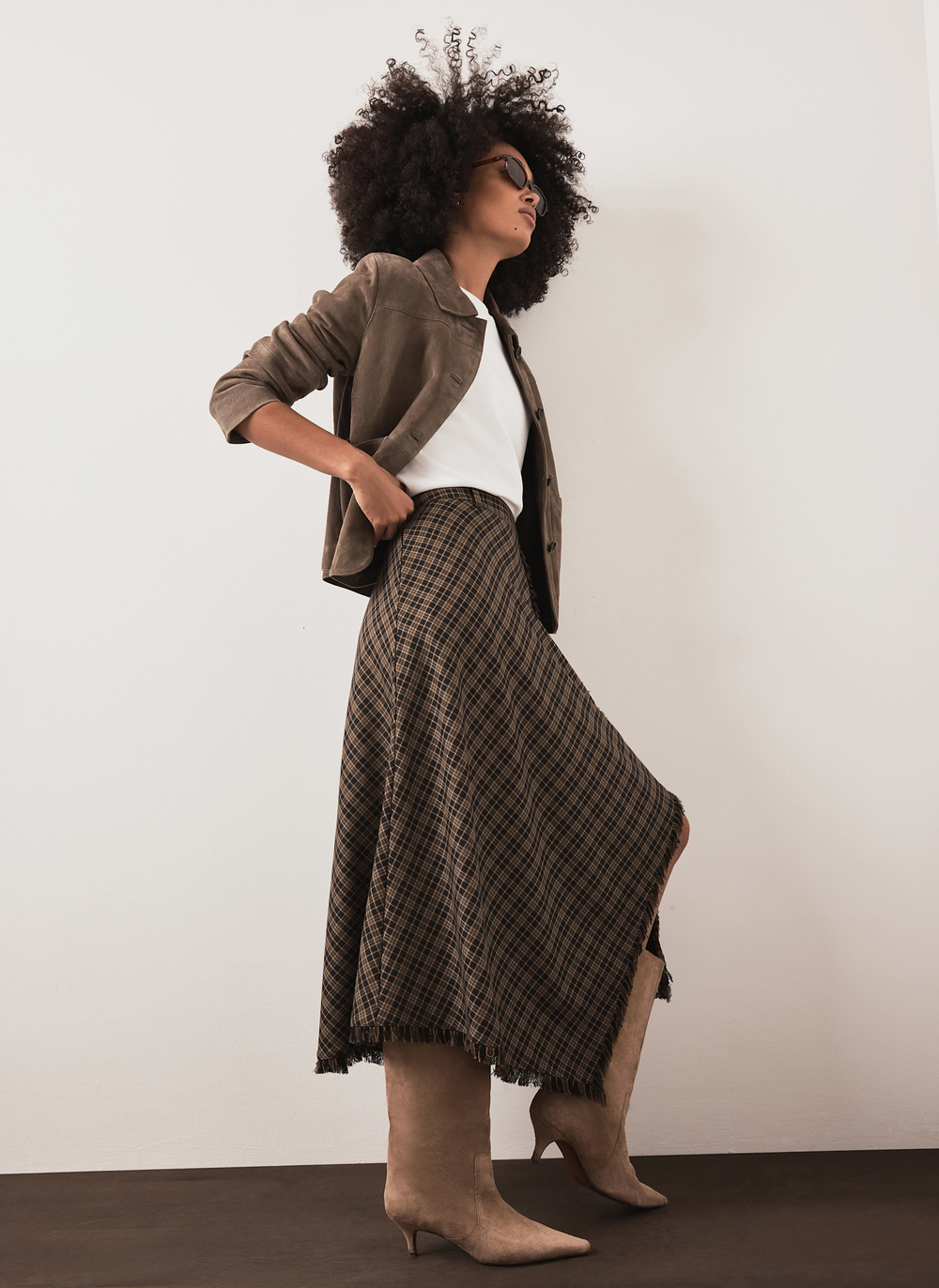 Khaki Check Hanky Hem Midi Skirt