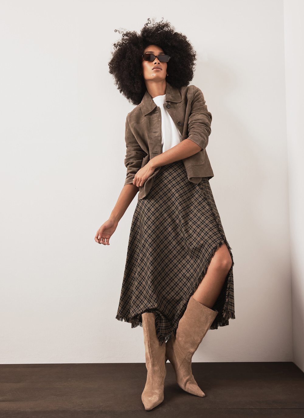 Khaki Check Hanky Hem Midi Skirt