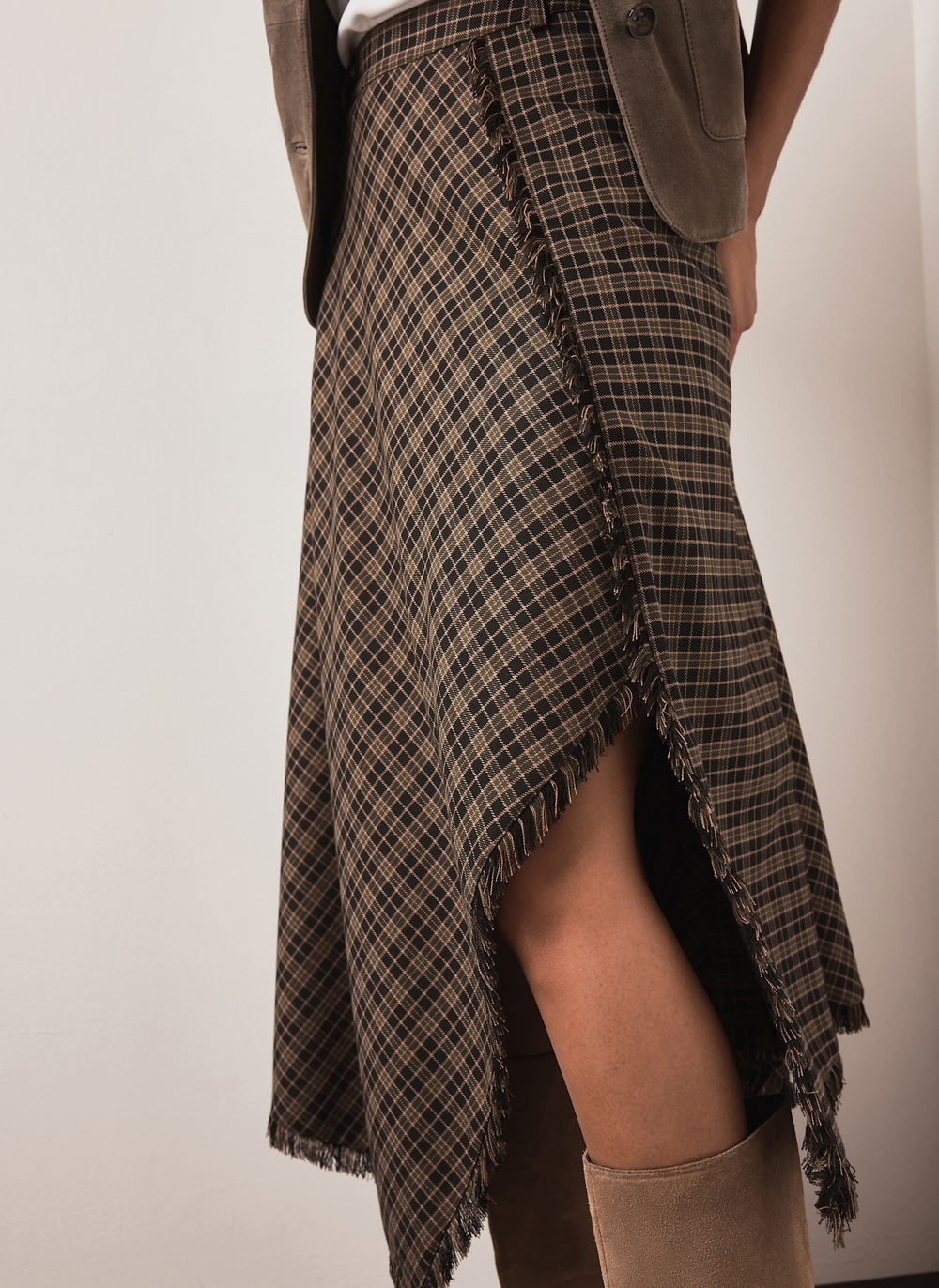 Khaki Check Hanky Hem Midi Skirt