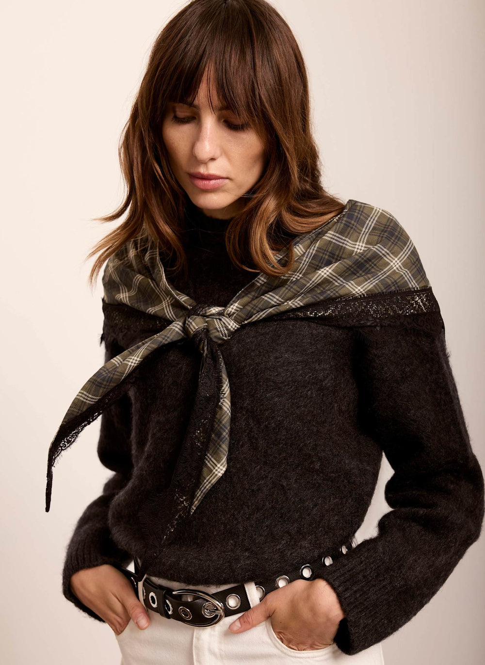 Khaki Checked Print Lace Hem Scarf