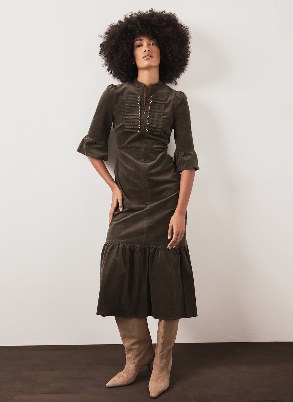Khaki Corduroy Midi Dress