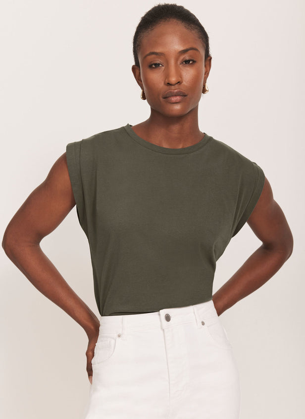 Khaki Cotton Extended Shoulder T-Shirt – Mint Velvet