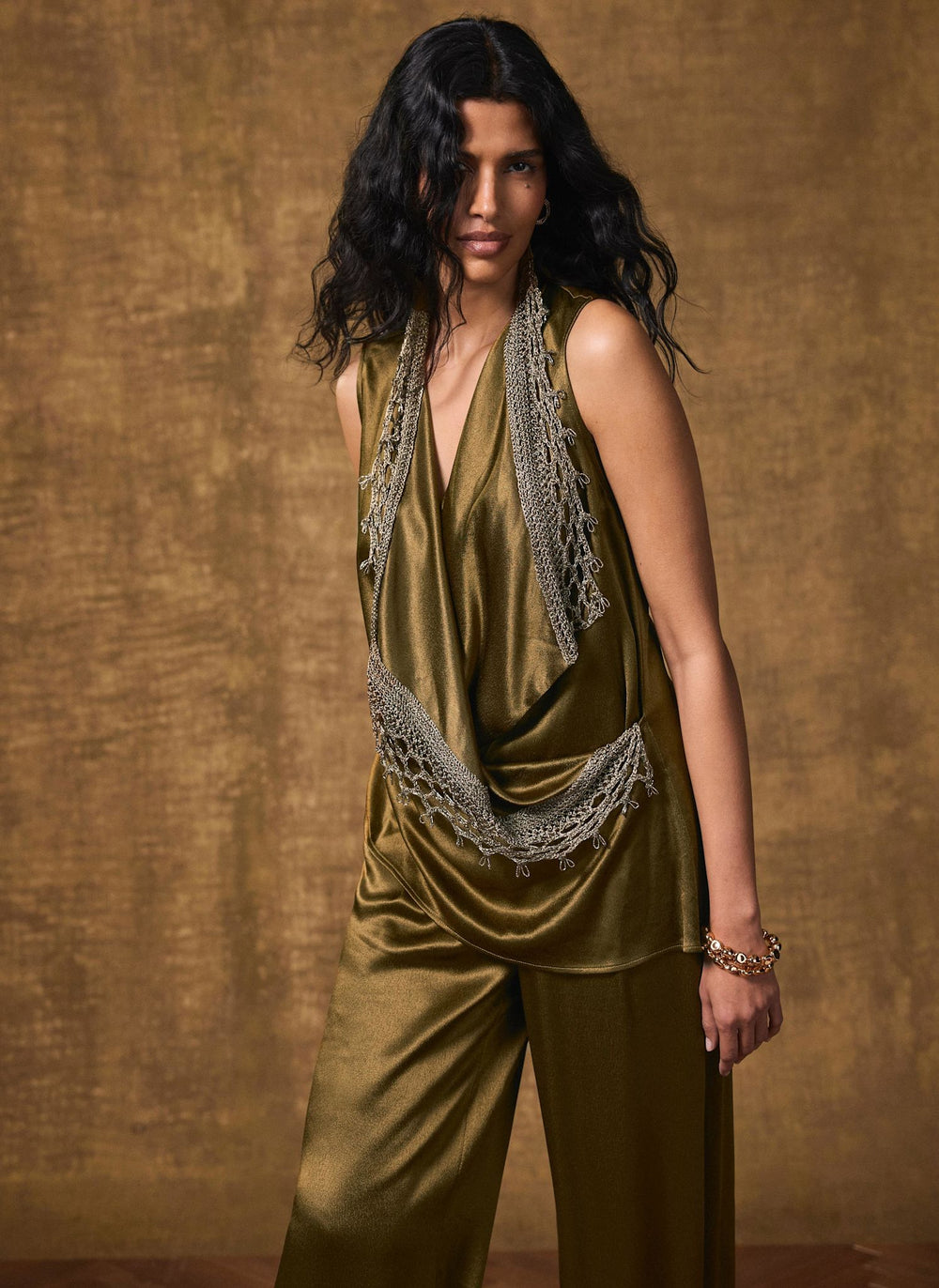 Khaki Crochet Trim Satin Wrap Top
