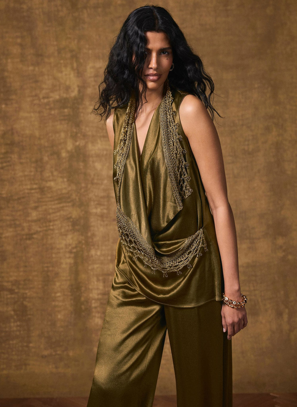 Khaki Crochet Trim Satin Wrap Top