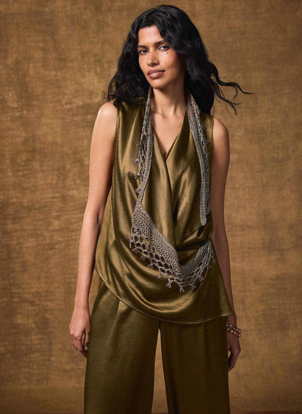Khaki Crochet Trim Satin Wrap Top