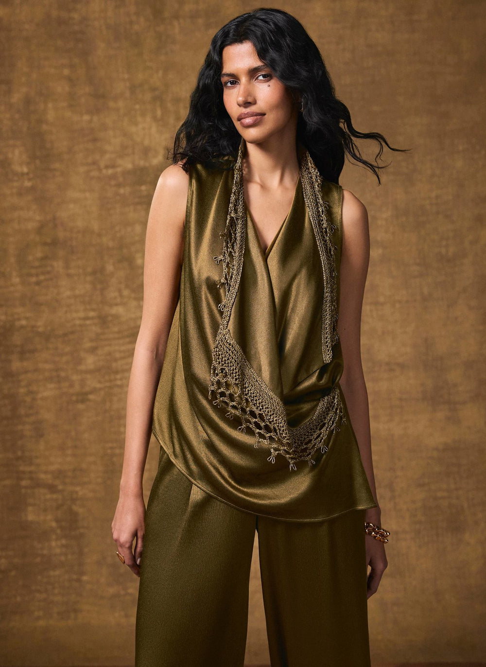 Khaki Crochet Trim Satin Wrap Top
