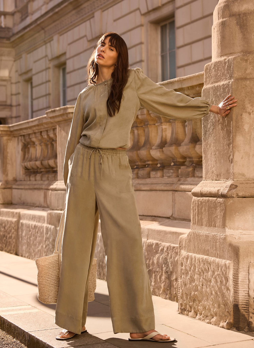 Khaki Utility Wide Leg Trousers