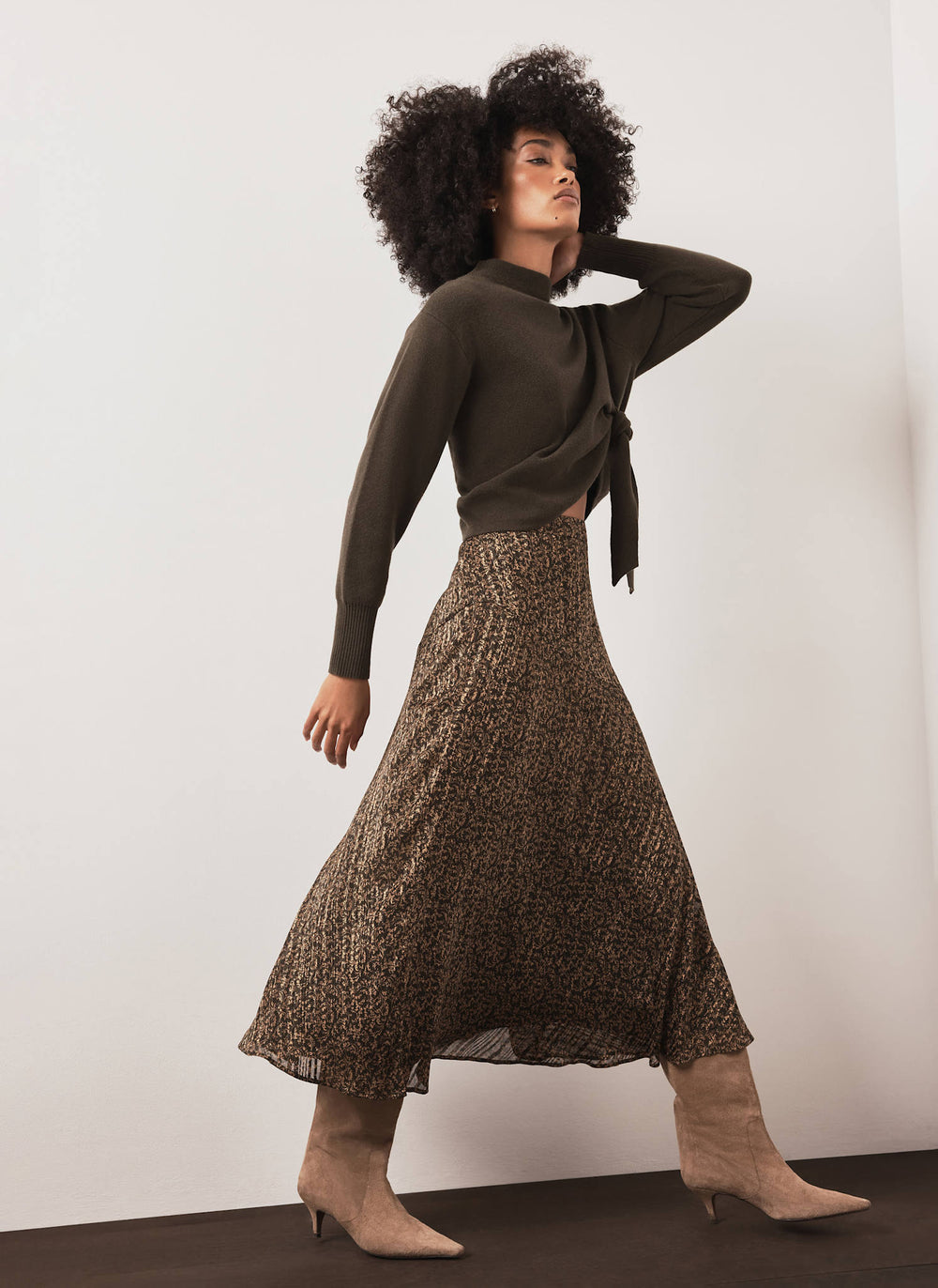 Khaki Floral Print Midi Skirt