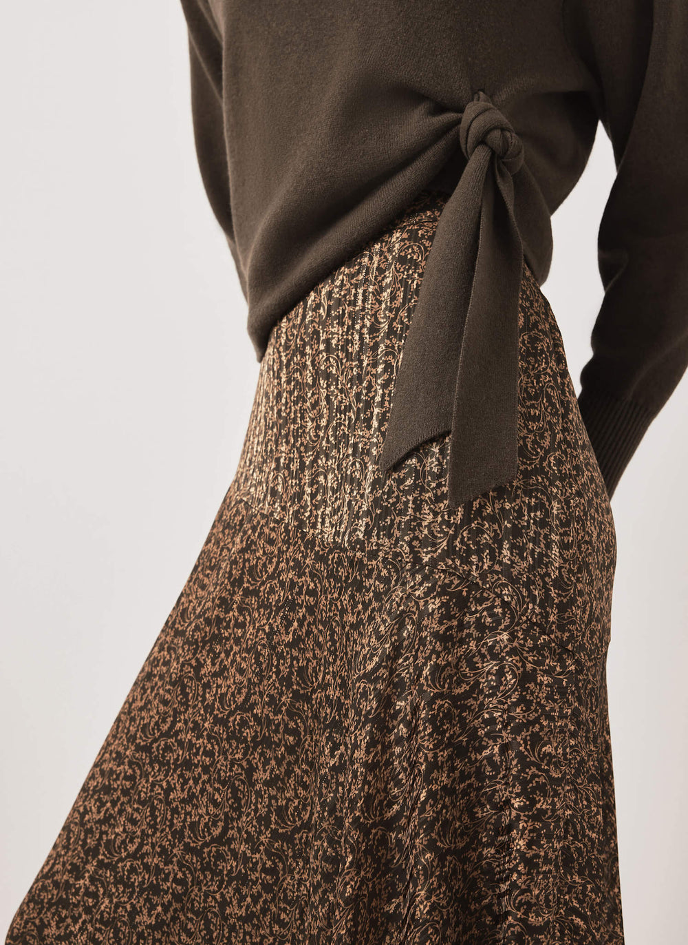 Khaki Floral Print Midi Skirt