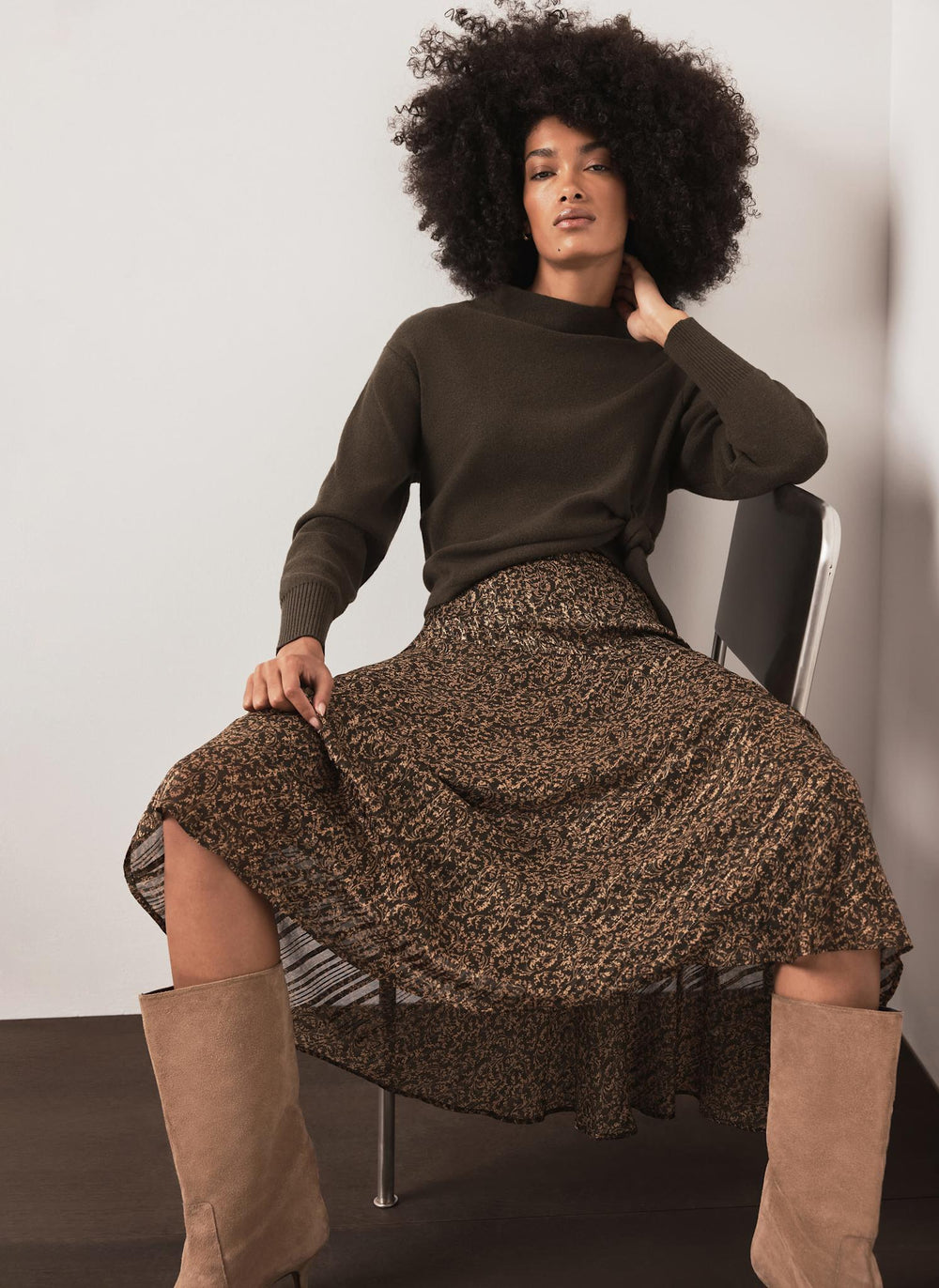 Khaki Floral Print Midi Skirt