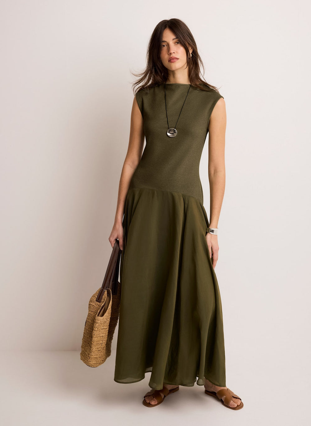 Khaki Jersey Drop Waist Midi Dress  Mint Velvet