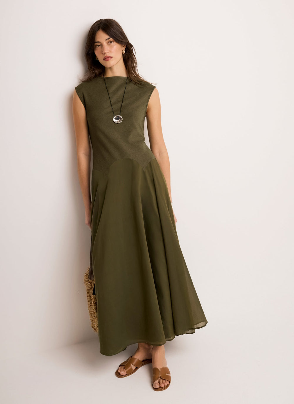 Khaki Jersey Drop Waist Midi Dress